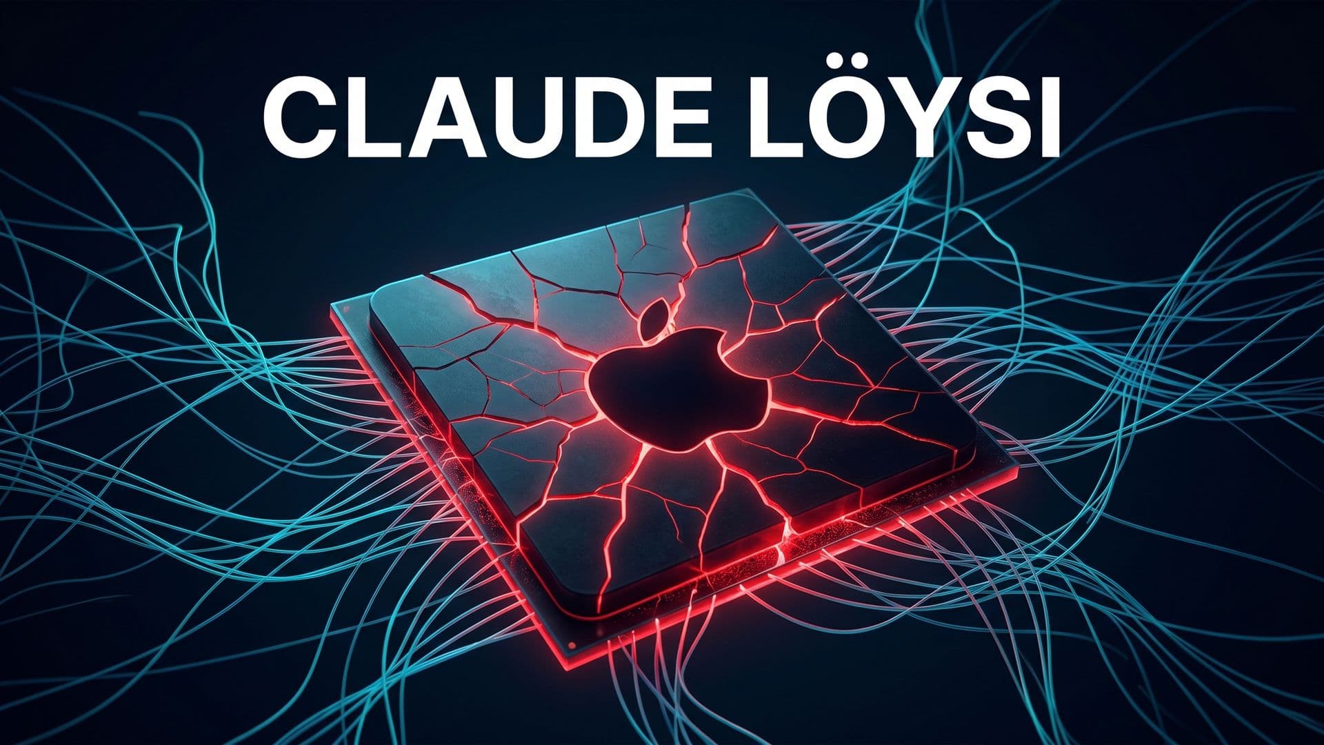 Halkeillut Apple-piiri ja sinipunaiset tekoälyn hermoverkkokuviot, päällä teksti CLAUDE LÖYSI.