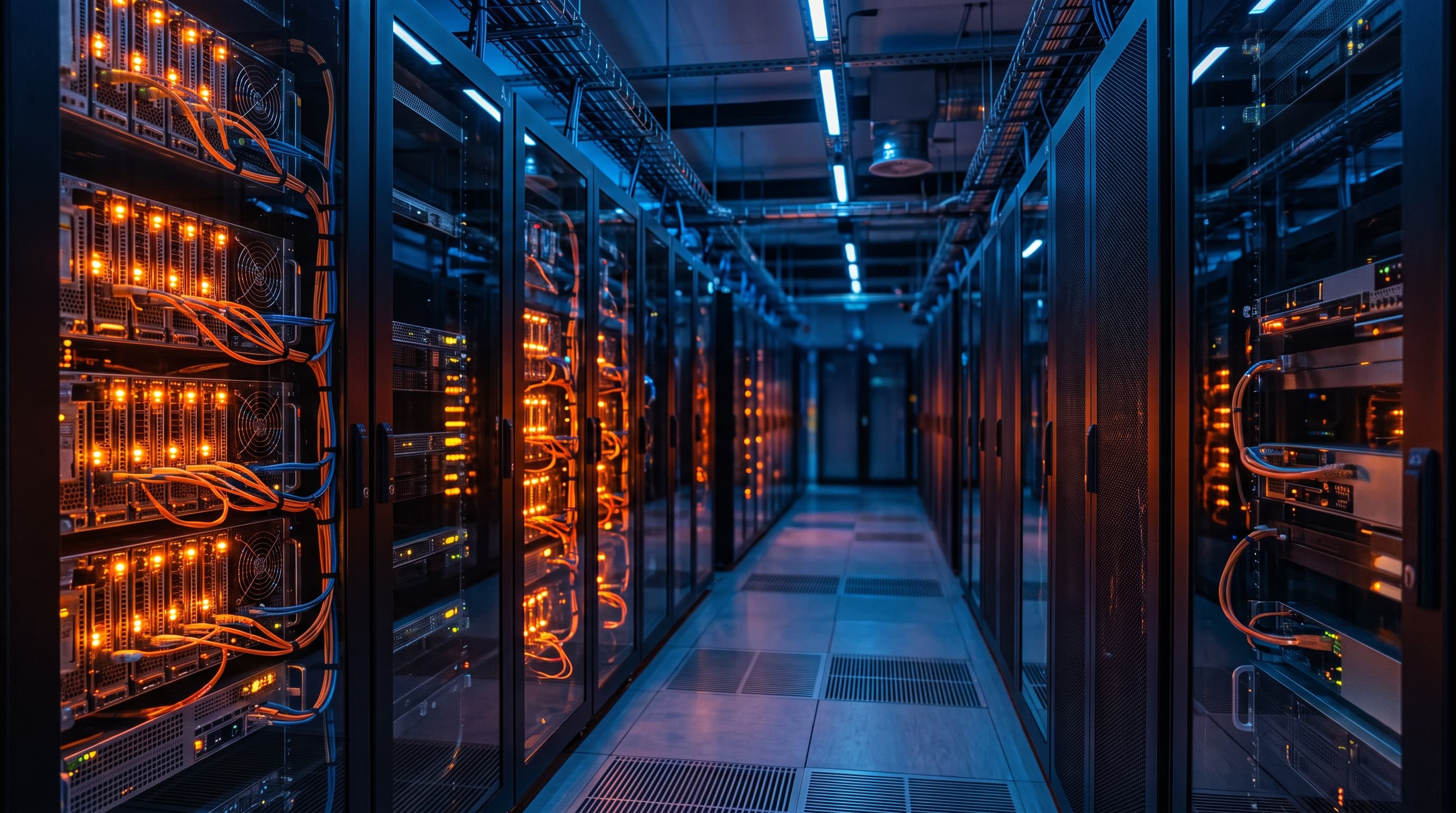 Reunadatakeskuksen käytävä, jossa GPU-palvelimet hehkuvat oranssina