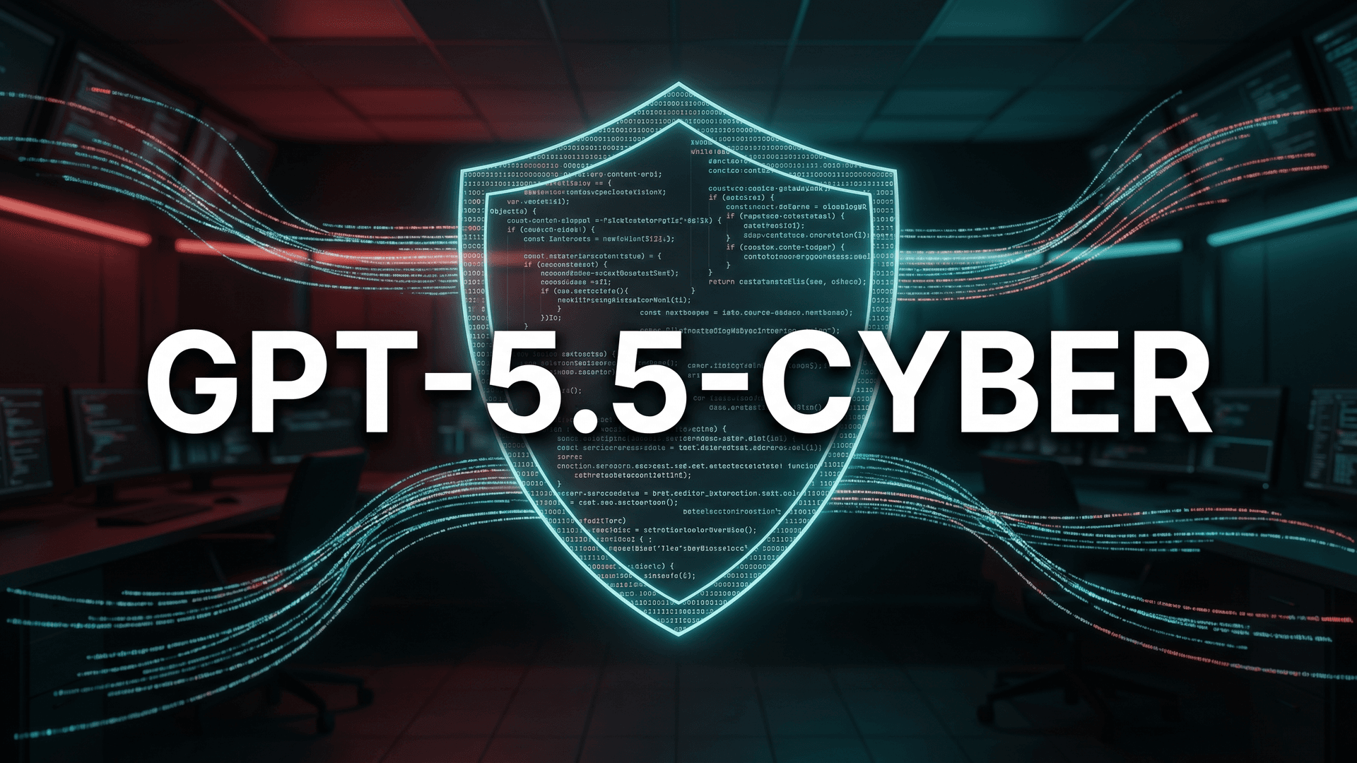 GPT-5.5-Cyber -aiheinen kansikuva: koodista muodostuva kyberpuolustuksen kilpi.