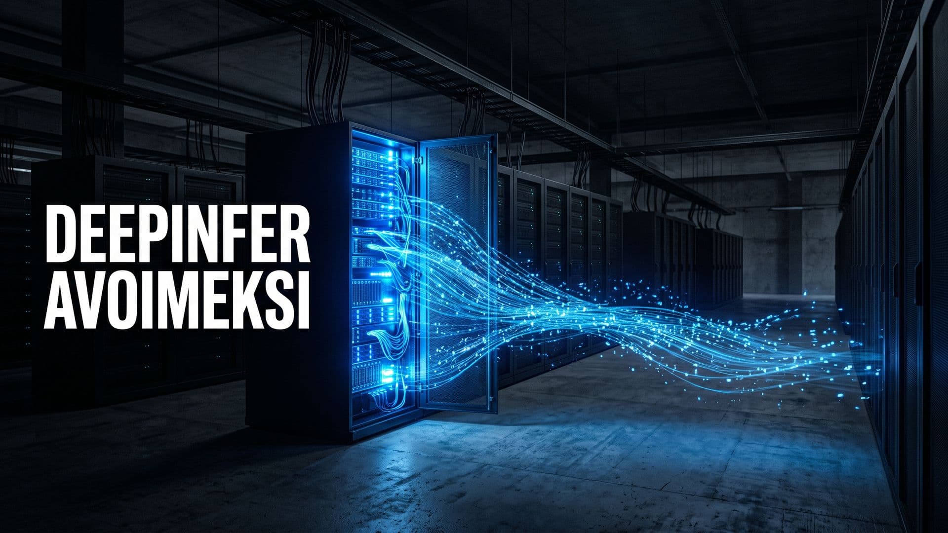 Sinisenä hehkuva avoin palvelinkaappi pimeässä datakeskuksessa ja teksti DEEPINFER AVOIMEKSI