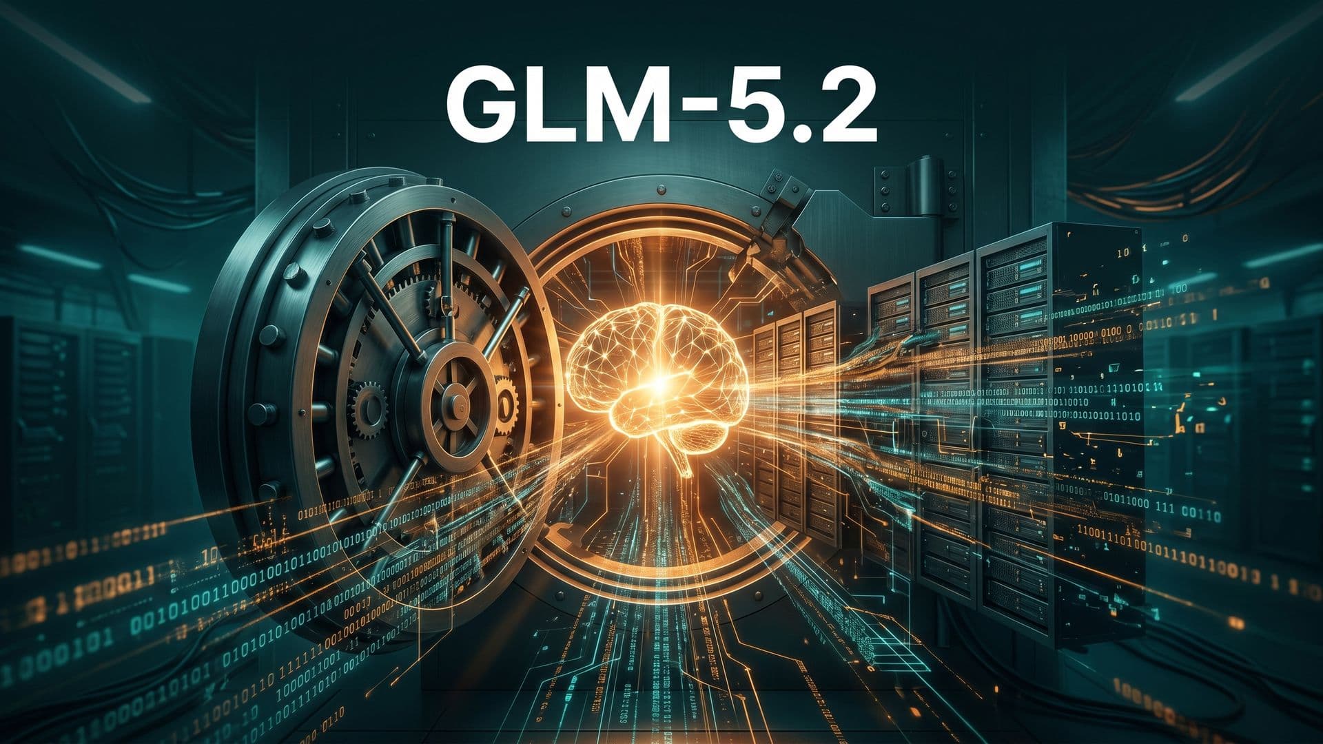 GLM-5.2 -malli kuvitettuna avautuvana holvina ja hehkuvana neuroverkon ytimenä