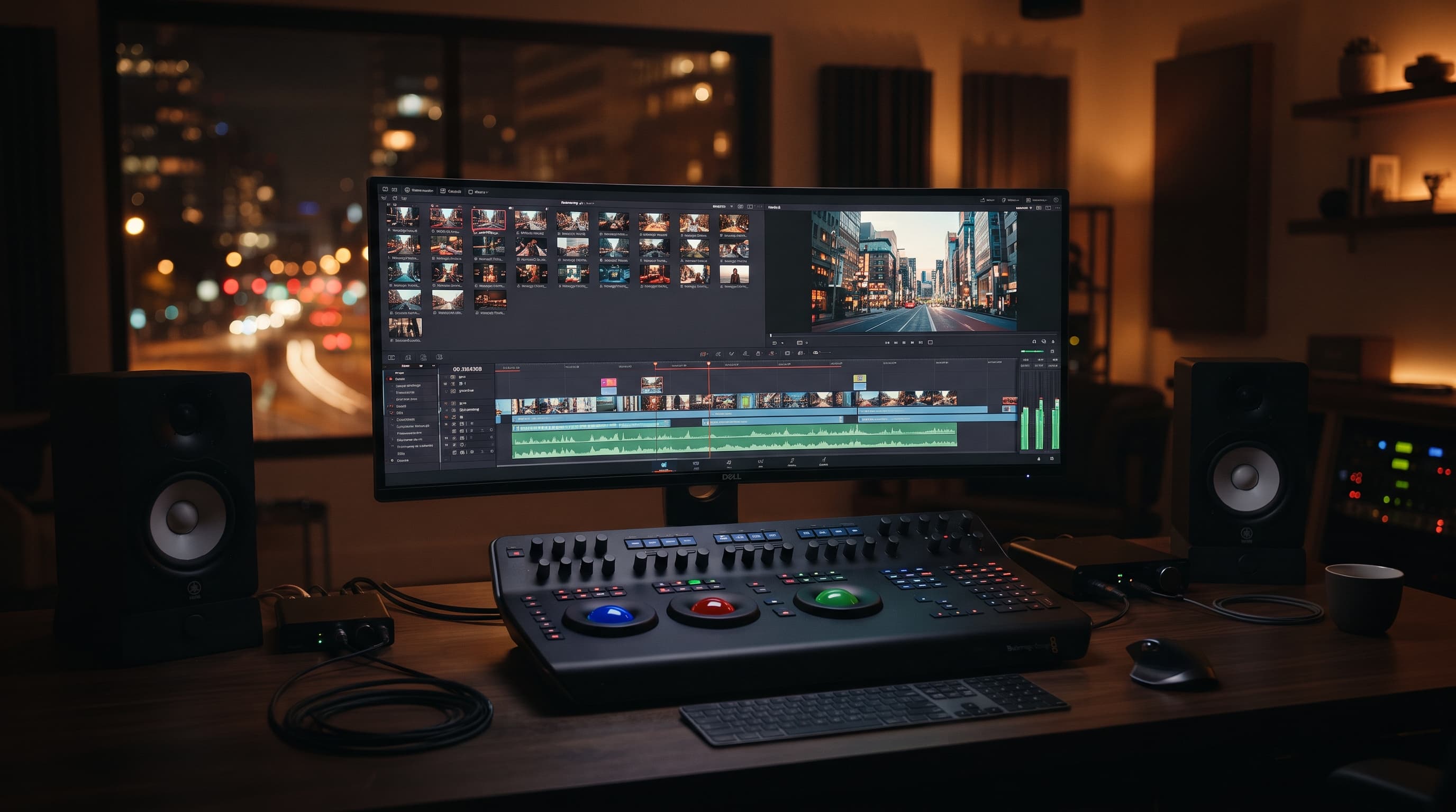 Videoeditointistudio yöllä, näytöllä pitkä monirataisen leikkauksen aikajana.
