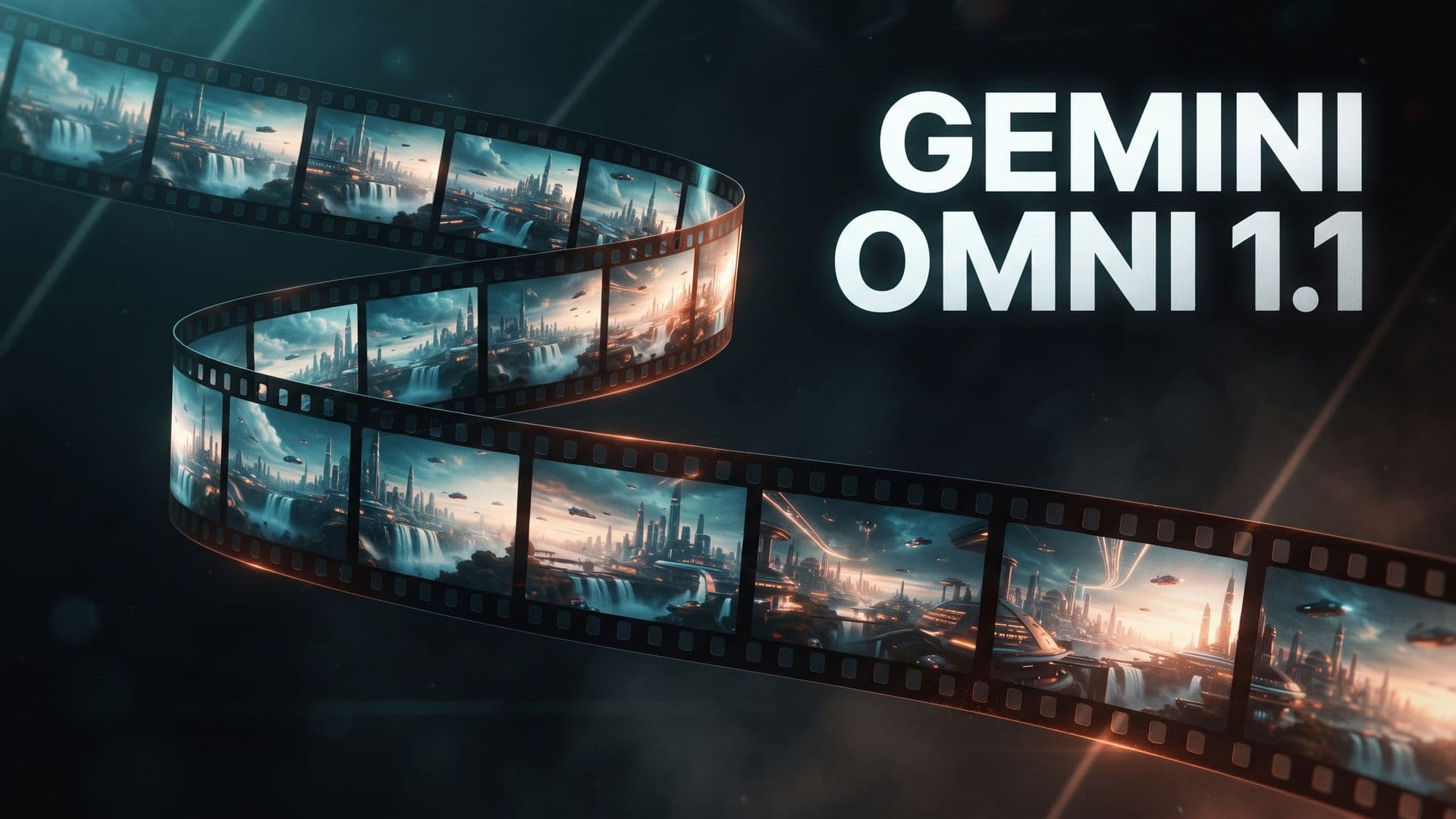 Kaartuva filminauha peräkkäisiä videoruutuja, kuvassa teksti Gemini Omni 1.1.