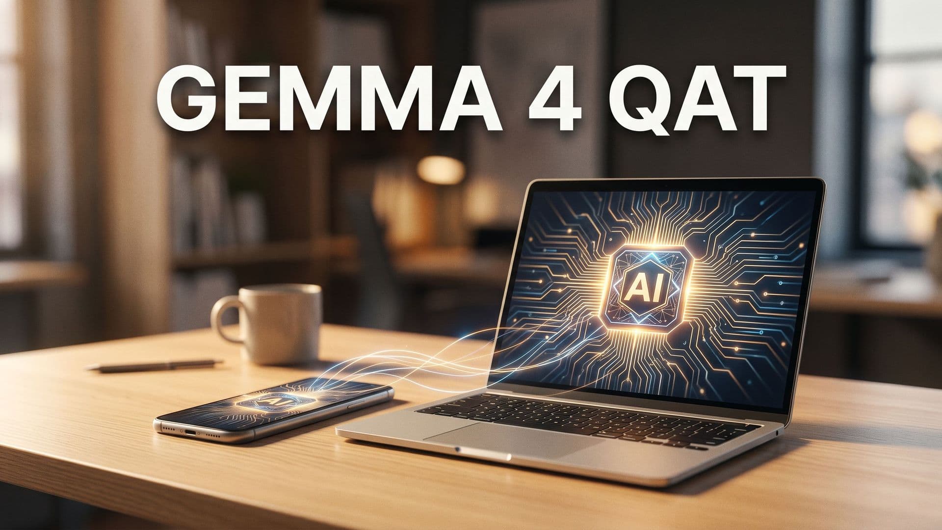 Älypuhelin ja kannettava pöydällä, sirumotiivi hehkuu näytöillä, tekstinä GEMMA 4 QAT