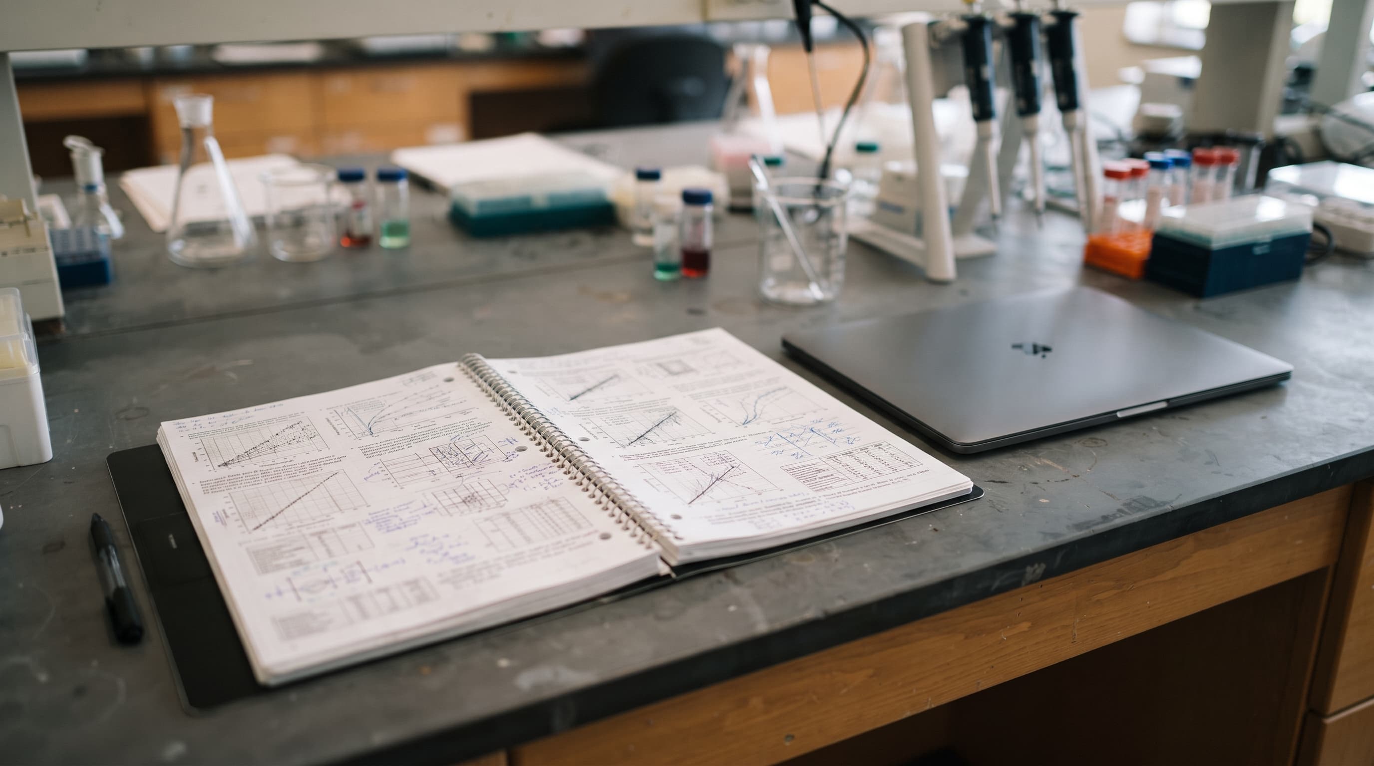 Avoin tekninen muistikirja kaavioineen laboratoriopöydällä kannettavan vieressä