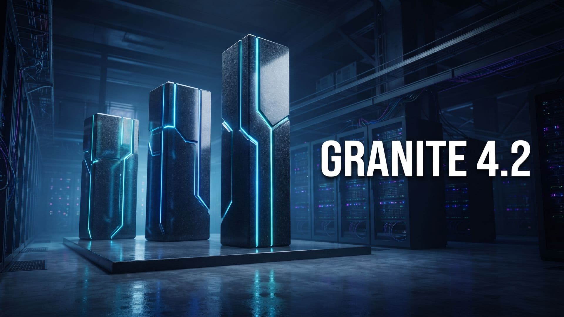 Kolme eri kokoista kivimonoliittia konesalissa ja teksti Granite 4.2