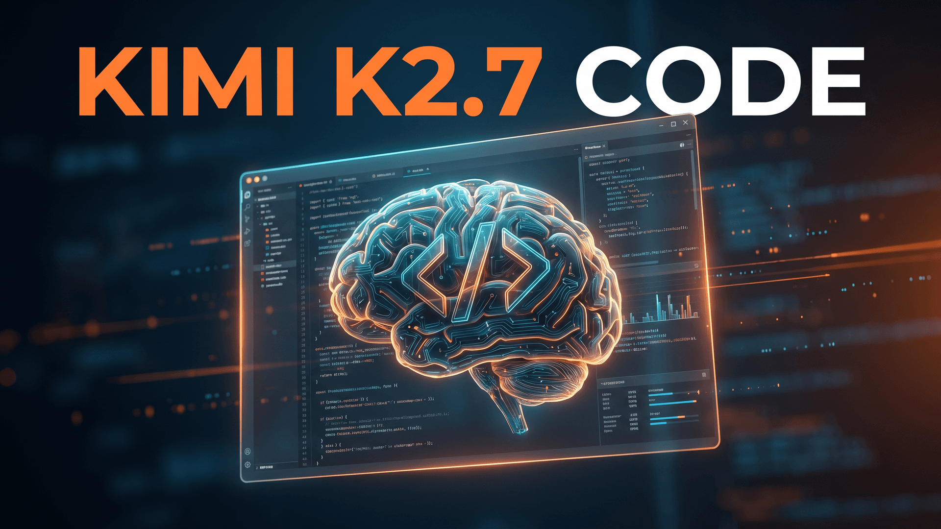 Kimi K2.7 Code -teksti tekoälyn koodausmallia esittävässä editorial-julisteessa.