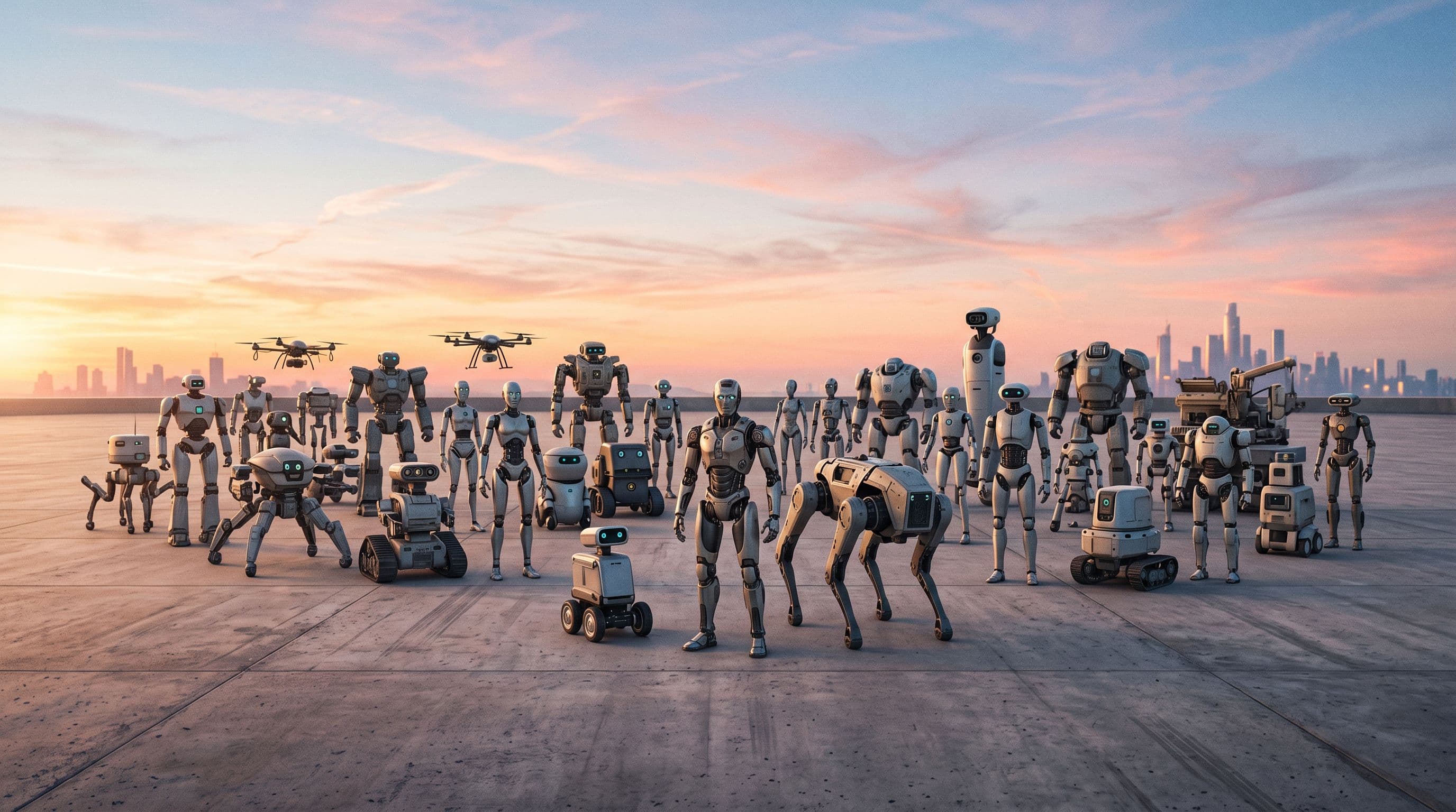 Monta erilaista robottiagenttia seisoo yhdellä leveällä avoimella perusta-alustalla aamuhämärän taivasta vasten.