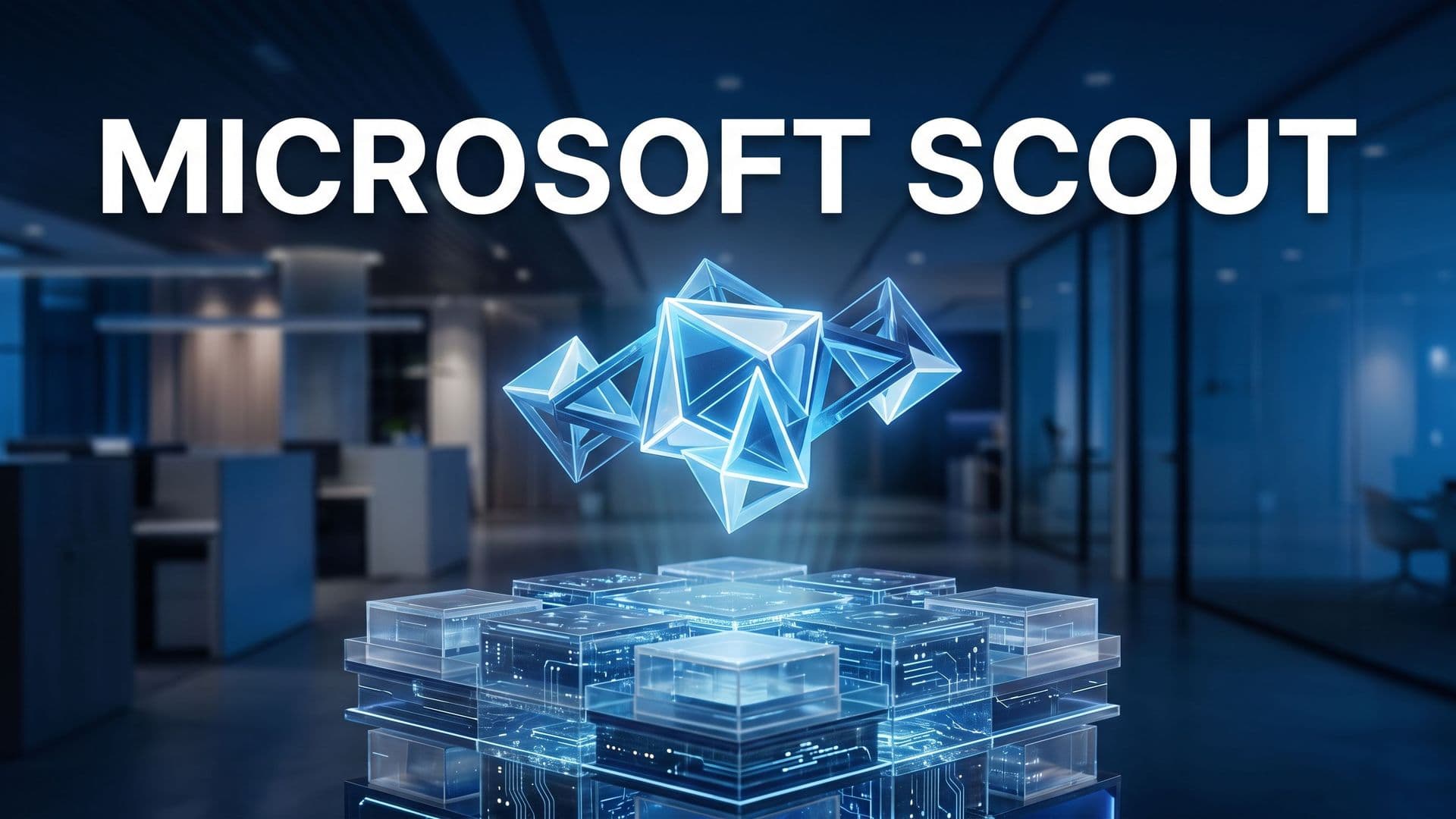 Editorialgrafiikka, jossa teksti MICROSOFT SCOUT ja hehkuva agenttidrone leijuu avoimen ajonaika-alustan yllä.