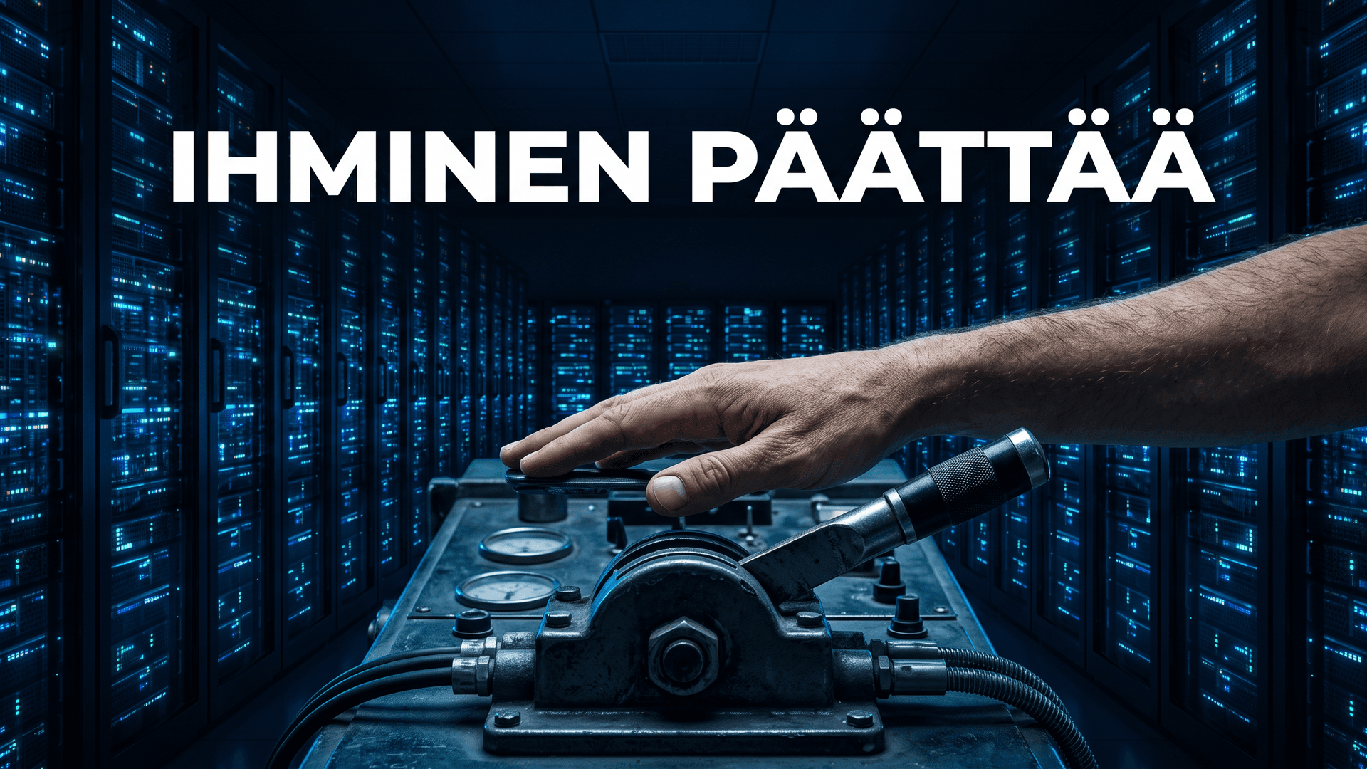 Ihmisen käsi ohjausvivulla palvelinsalissa, teksti Ihminen päättää