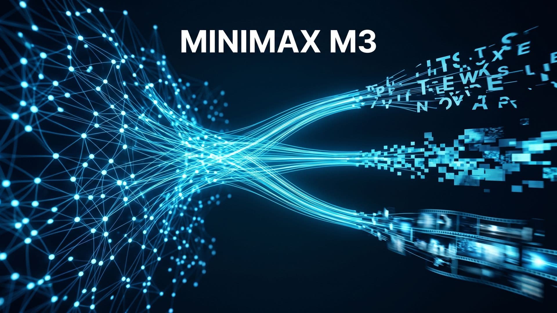 MINIMAX M3 -teksti hehkuvan neuroverkon ja kolmen yhtyvän datavirran päällä.