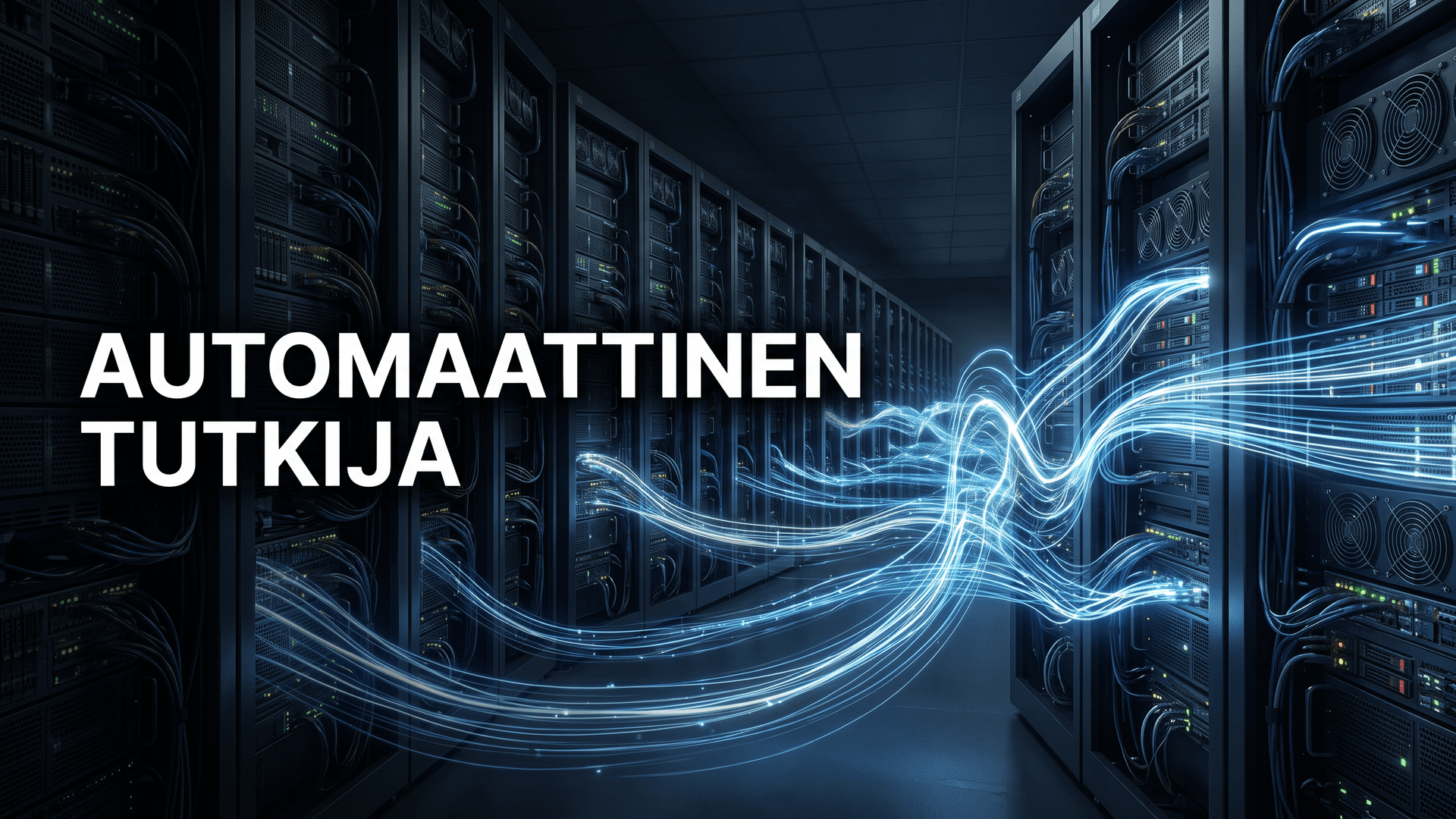 Palvelinsalin käytävä, jossa siniset valovirrat kulkevat räkkien välillä, ja teksti Automaattinen tutkija.