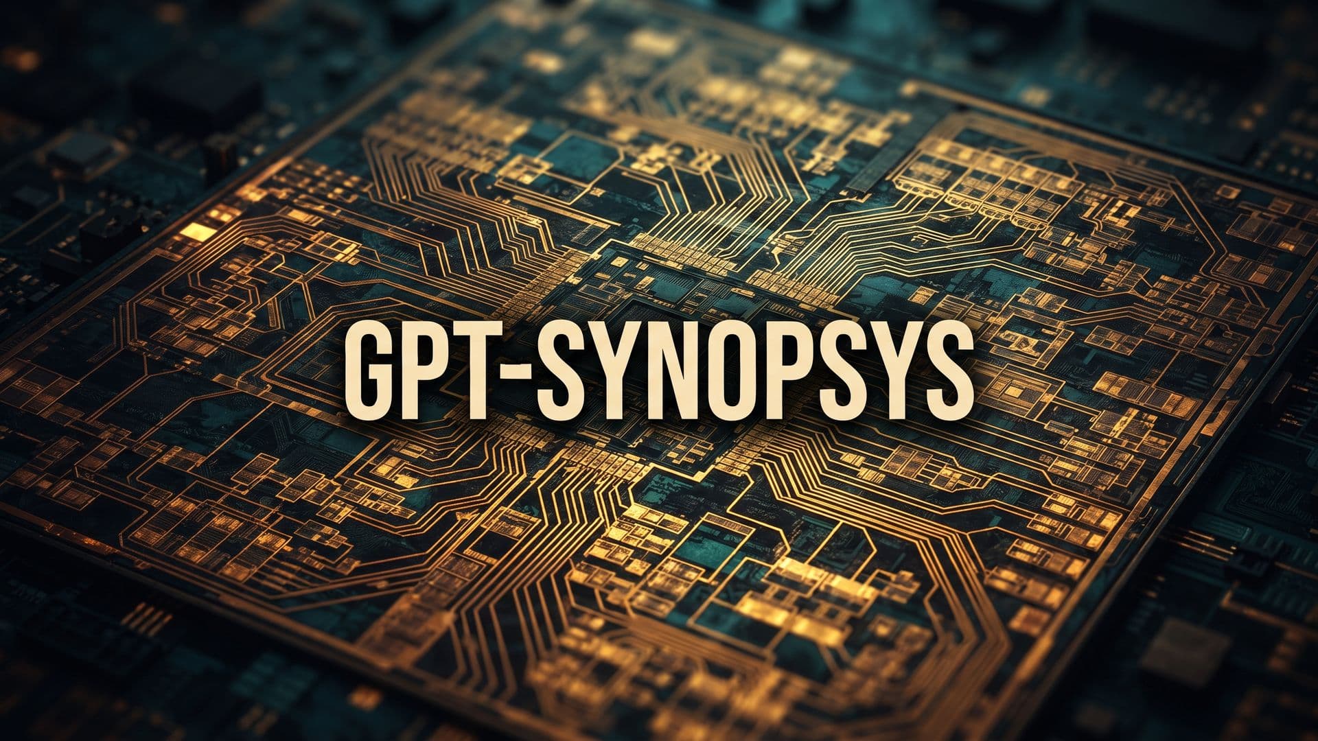 Mikropiirin kultaiset johdinradat lähikuvassa ja teksti GPT-Synopsys