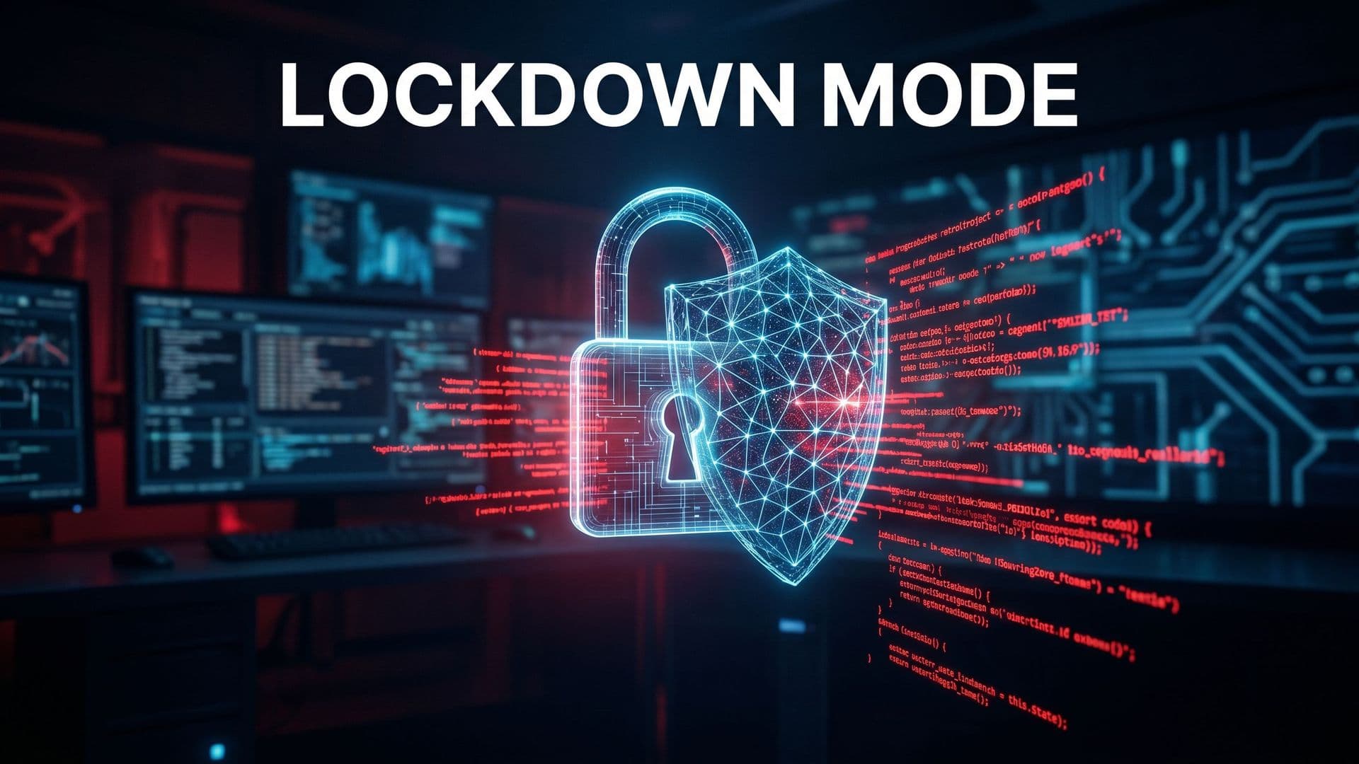 Lockdown Mode -teksti digitaalisen lukon ja suojakilven päällä kyberturvallisuusaiheisessa kuvituksessa