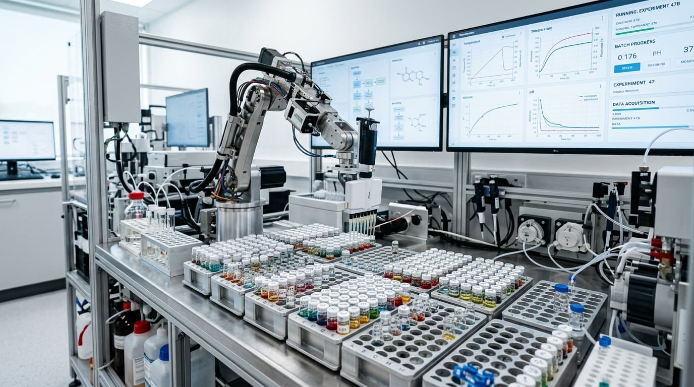 Autonominen robottikemian järjestelmä siirtää reaktioputkia suurikapasiteettisessa laboratoriossa
