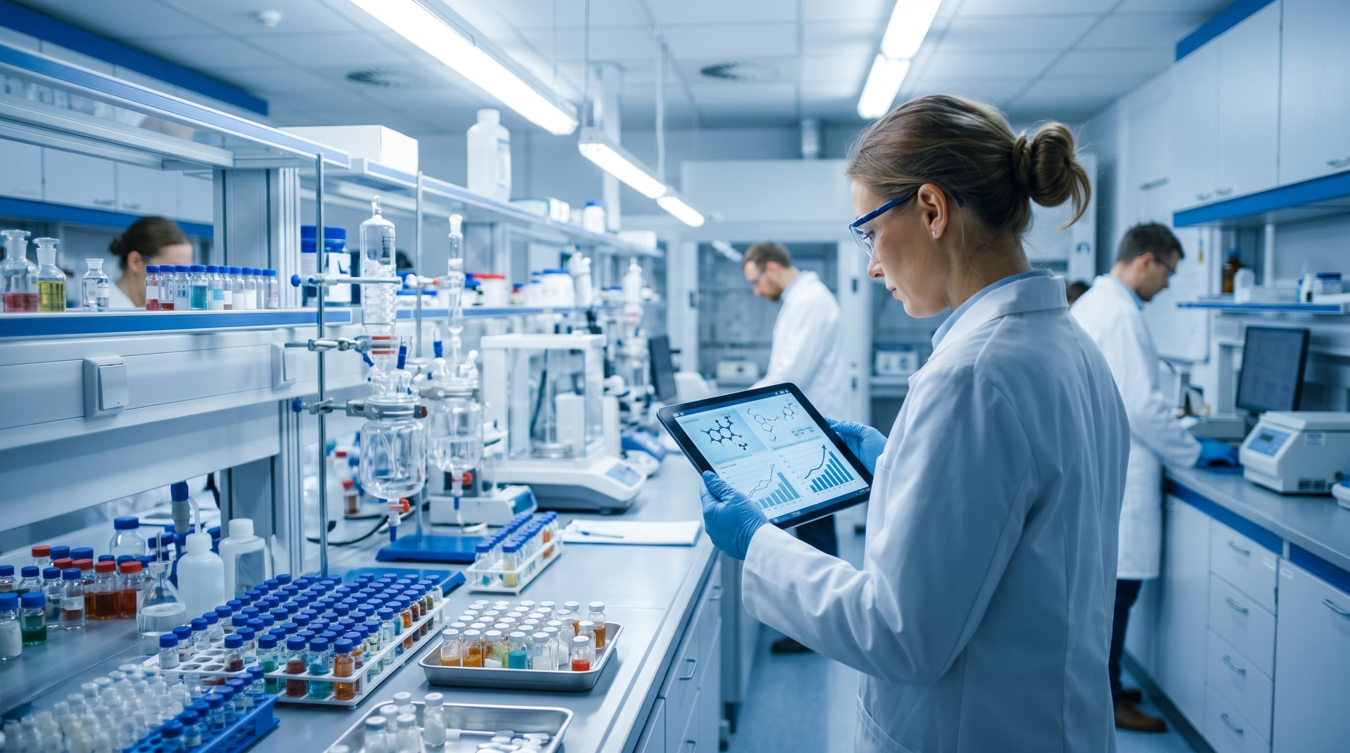 Lääkekehityslaboratorio, jossa synteesilaitteita ja lääkeaineiden näytteitä sekä nousevia saantokäyriä