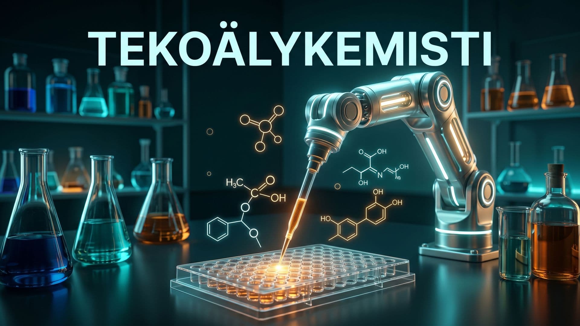 Tekoälyä kuvastava robottilaboratorion käsivarsi pipetoi hehkuvaa nestettä, otsikkona Tekoälykemisti