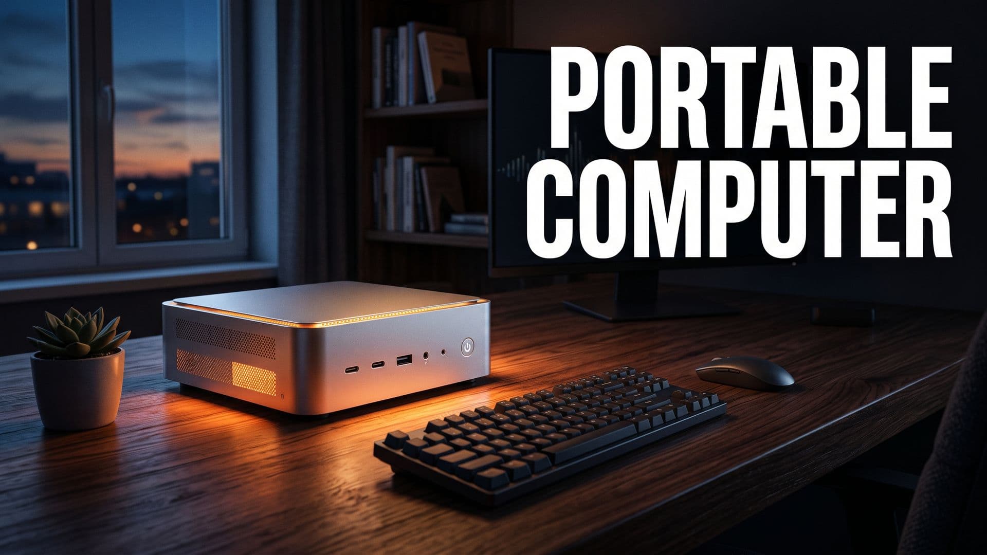 Pieni hopeinen tekoälytyöasema kotitoimiston pöydällä ja teksti Portable Computer