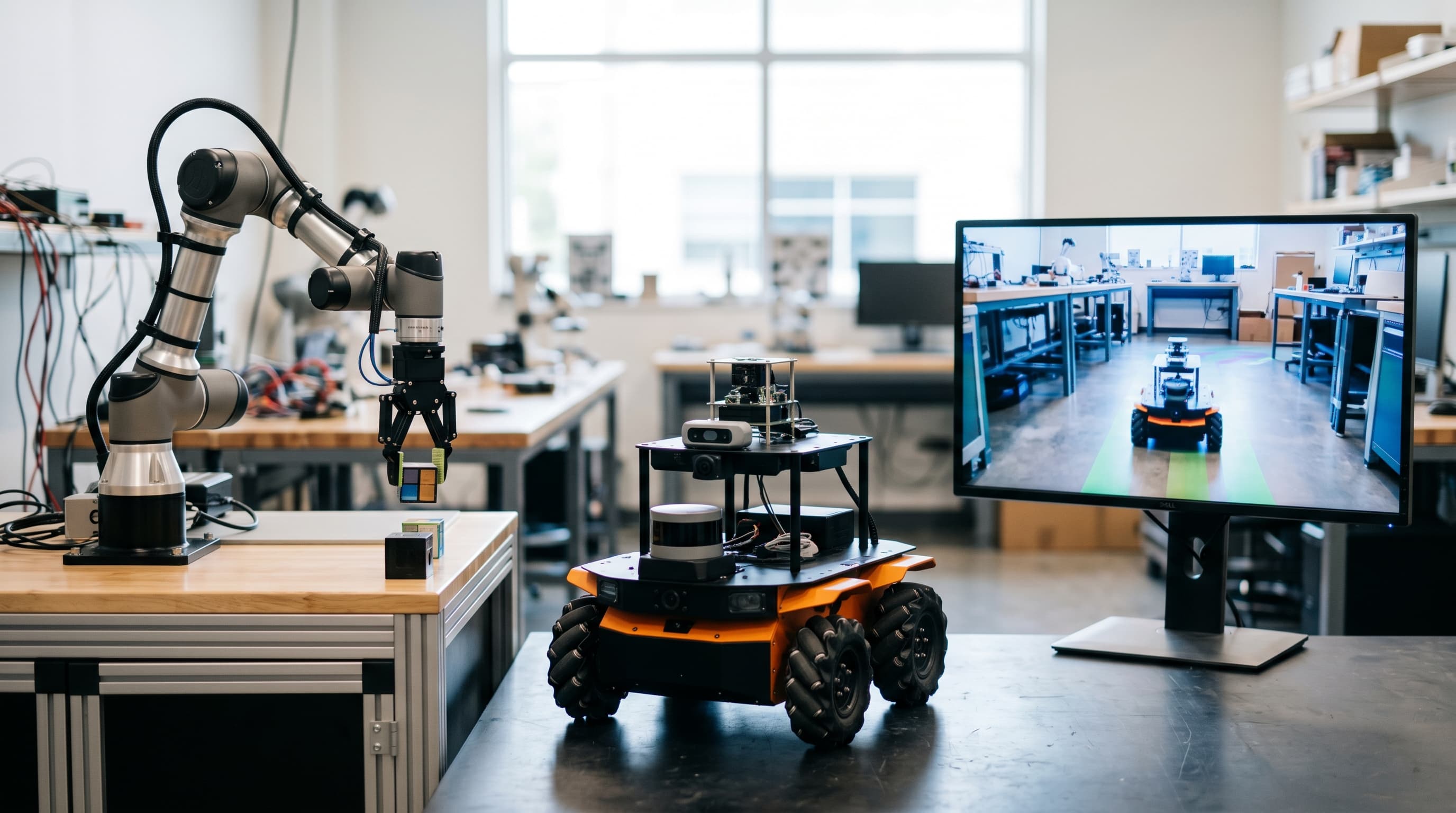 Kolme robotiikkajärjestelmää rinnakkain tutkimuslaboratoriossa