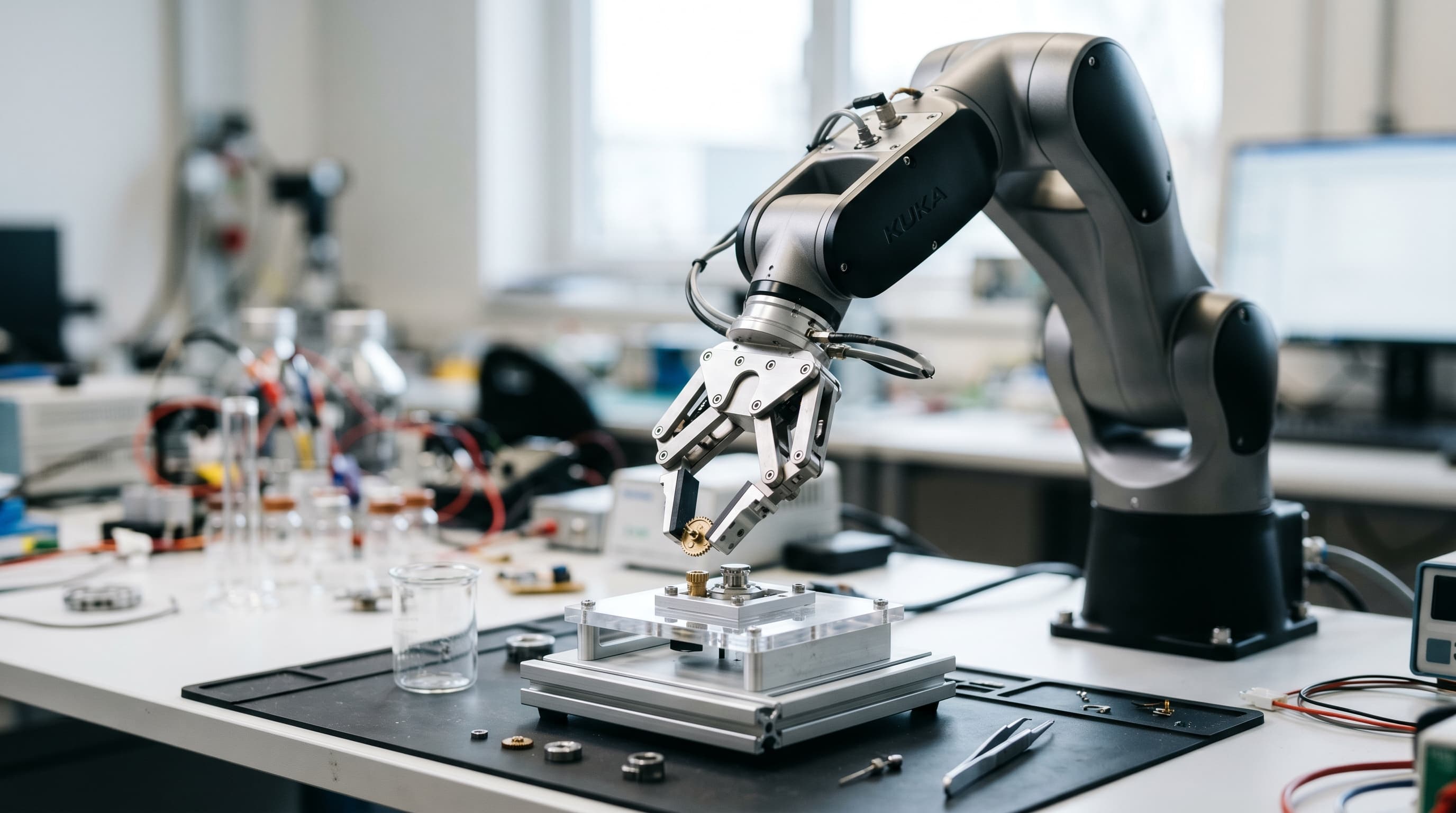 Robottikäsi tarttuu pieniin esineisiin pöydällä tarkasti