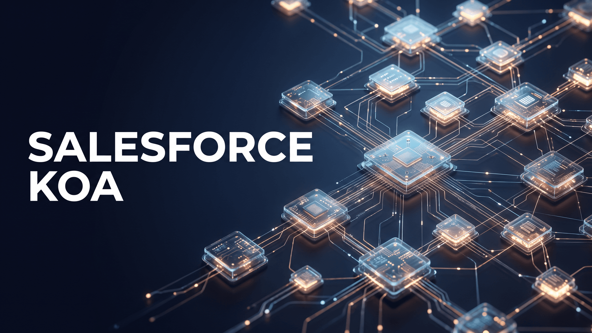Hehkuva tietoverkko lasikuutioista ja teksti Salesforce Koa