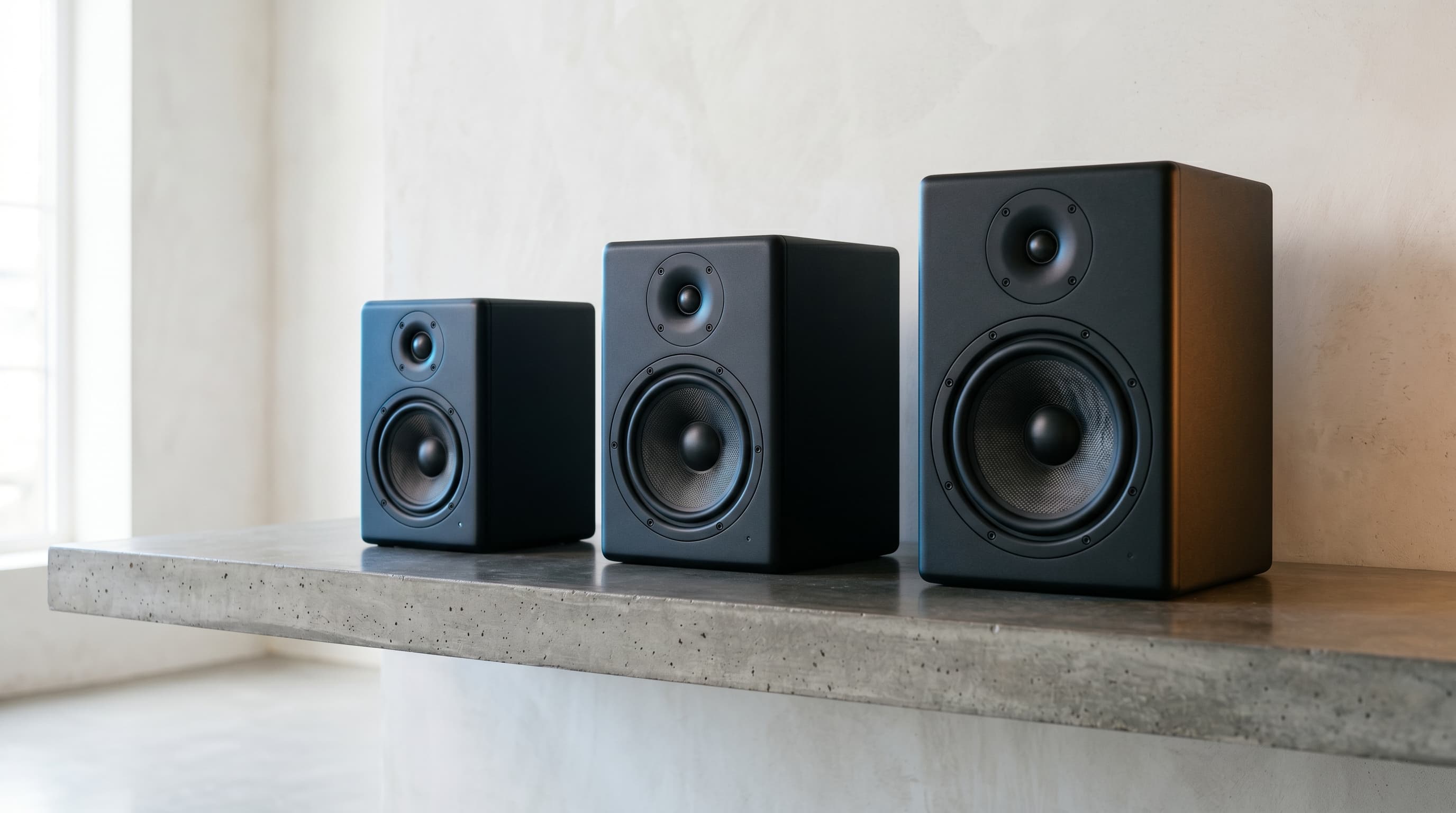 Kolme studiokaiutinta peräkkäin pienestä suureen, kuvaten Stable Audio 3:n eri kokoisia malleja.