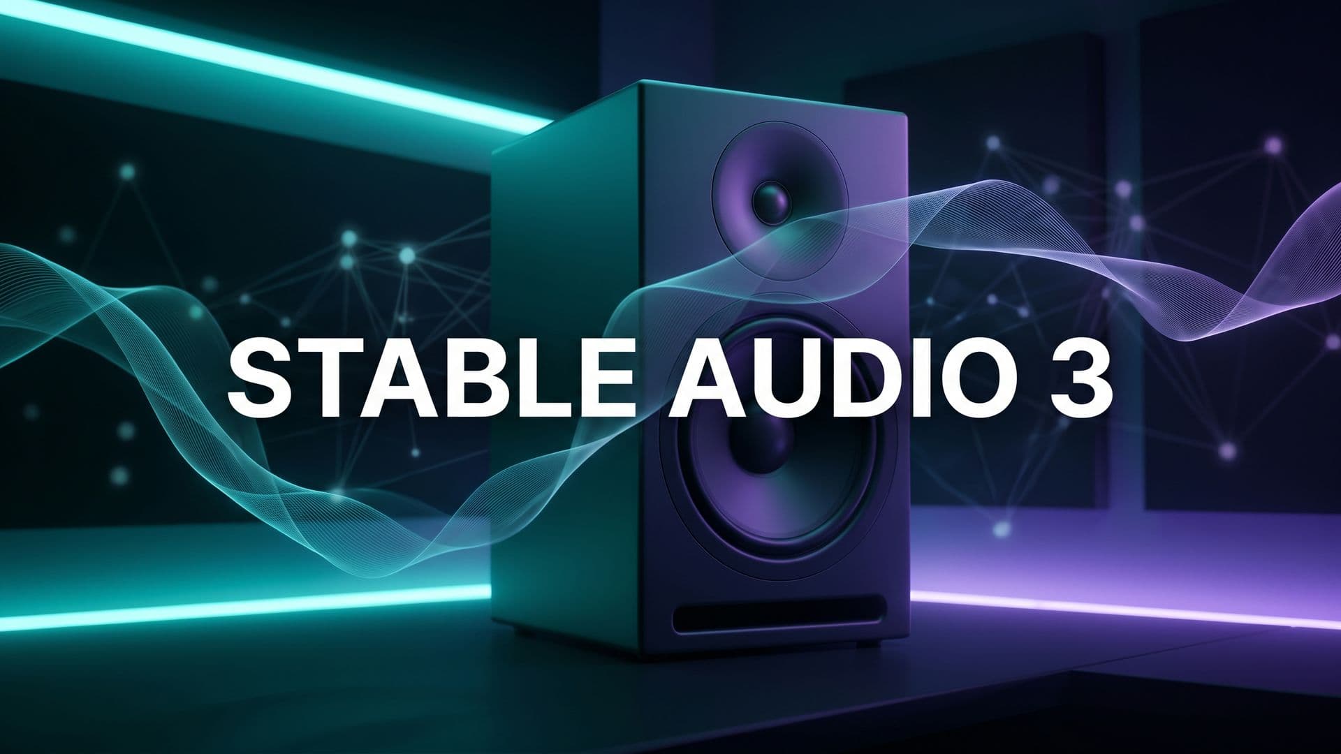 Stable Audio 3 -teksti hehkuvassa modernissa studiossa, jossa studiokaiutin ja aaltomuotojuova.